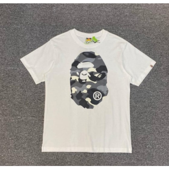White BAPE T-Shirt with Grey Camo Ape Head and "BY BATHING APE" Logo